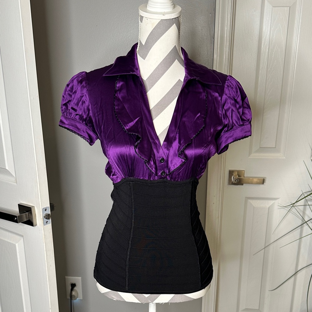 Chic Purple Silk Blouse with Bondage Waist and  Ruffle Detail